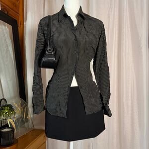 Jones New York Petite Black Pinstripe 100% Silk Button-Up Blouse Sz 8P